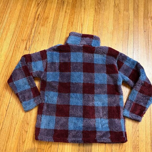 Eddie Bauer Fleece Womens Large Ultra Soft Plush Plaid Quarter Zip Blue Maroon - Picture 3 of 9